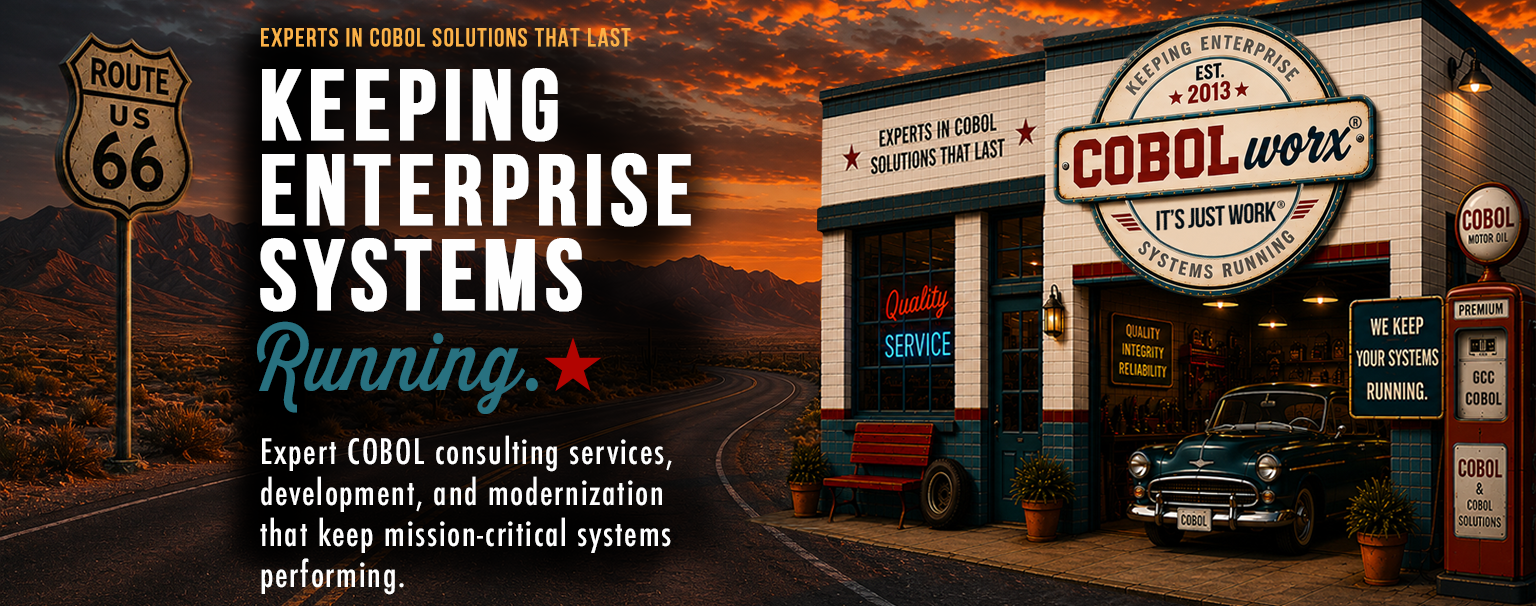 Vintage service garage with COBOLworx sign and headline: Keeping enterprise systems running.