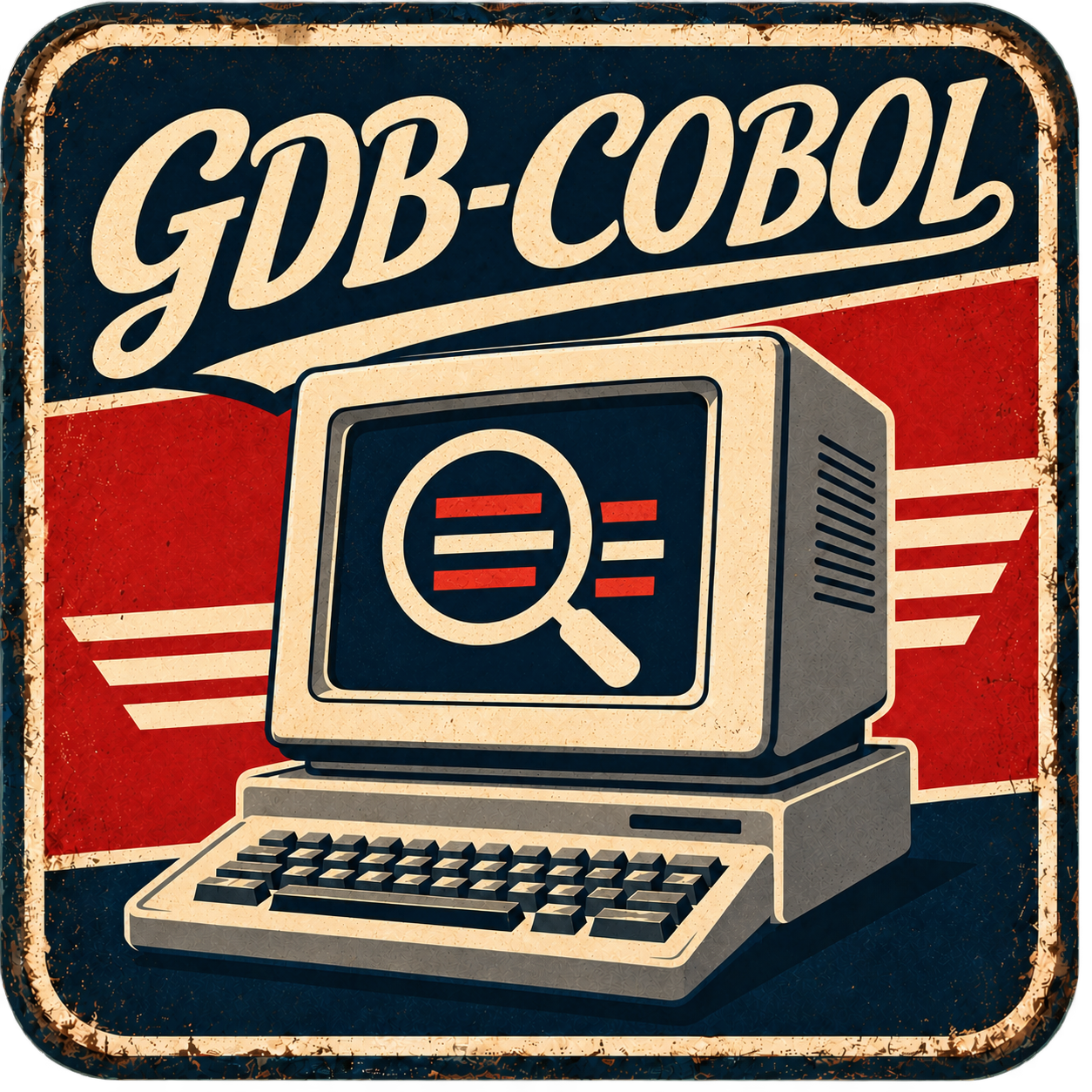 Retro GDB-COBOL computer with a magnifying glass inspecting code